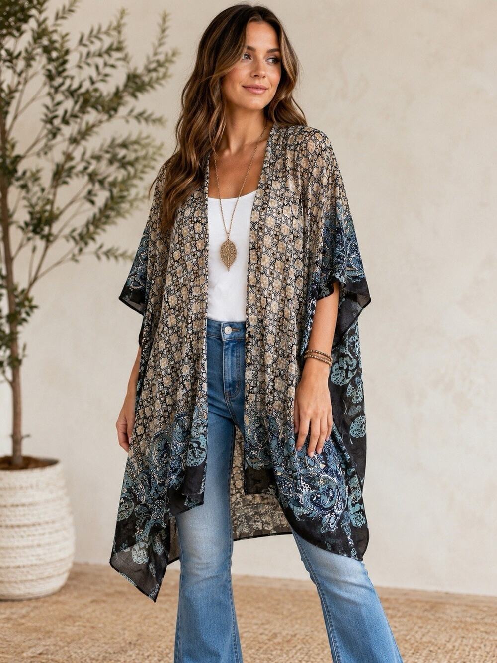 Modena Open Front Kimono Topper Blue Black Beige Lightweight OneSize NEW Boho